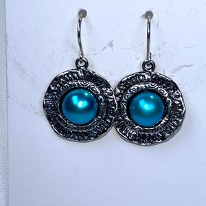 NWOT Designer Sterling Silver Large Blue Pearl Floral Dangle Earrings Bohemian